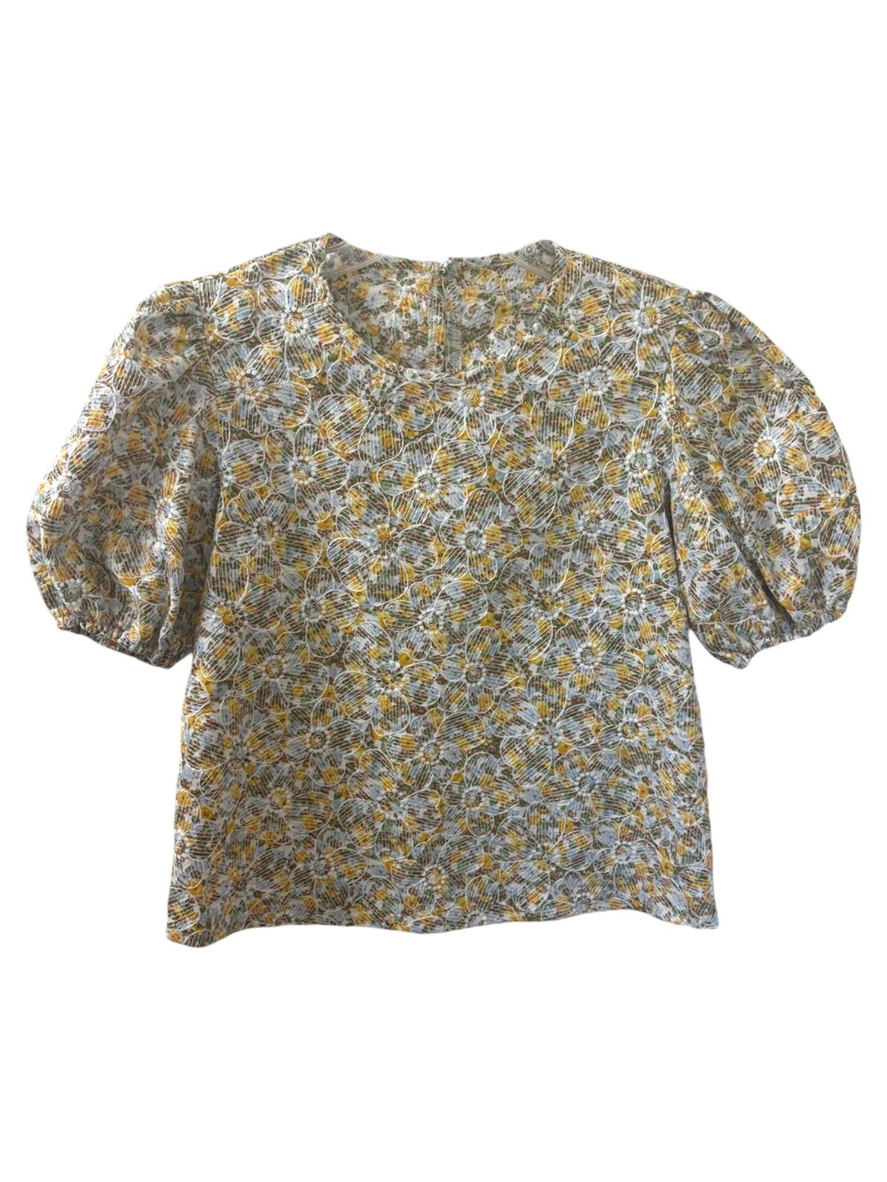 Floral Puff Sleeve Blouse - Yellow & White
